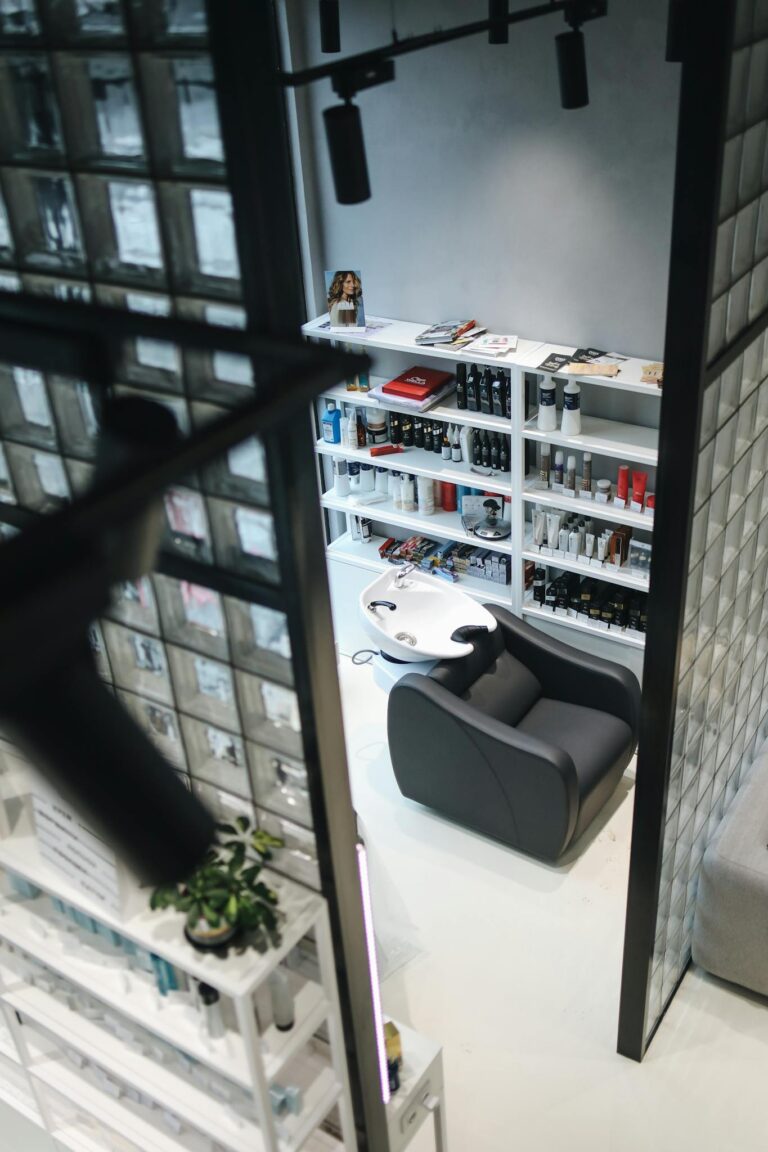 Stylish hair salon interior showcasing a contemporary design and professional equipment.